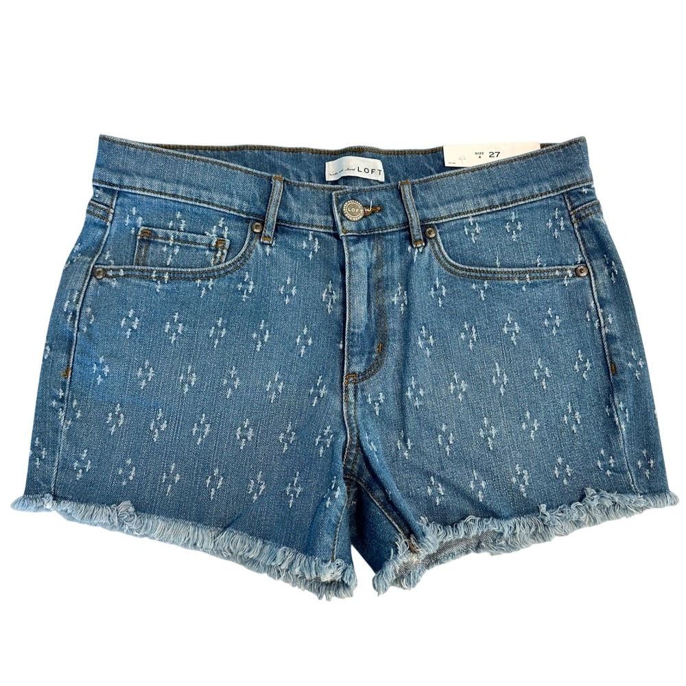 Loft Womens  Size 4 27 Medium Wash Embroidered Diamond Denim Shorts Frayed Hem